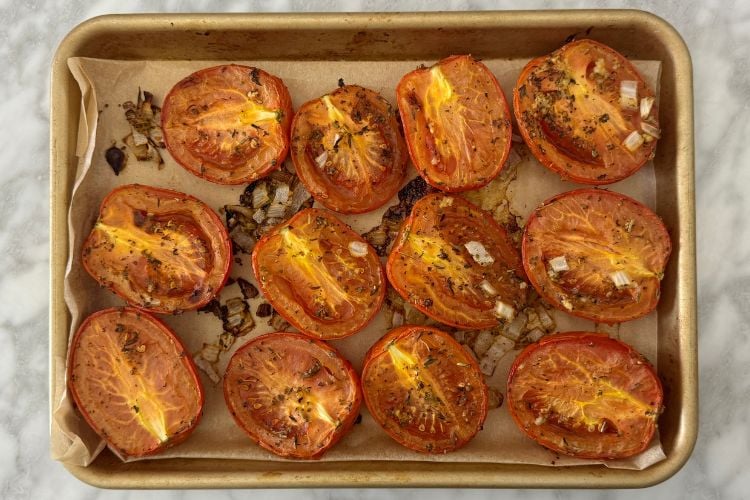 Roasted tomatoes on a sheet pan