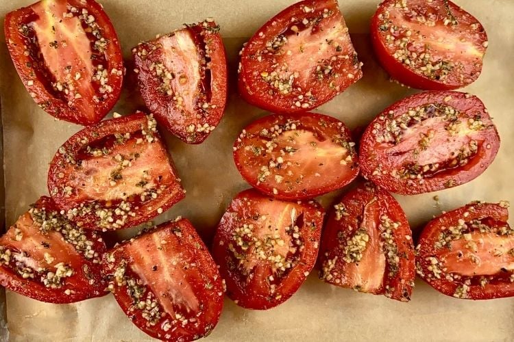 Roasted tomatoes on sheet pan