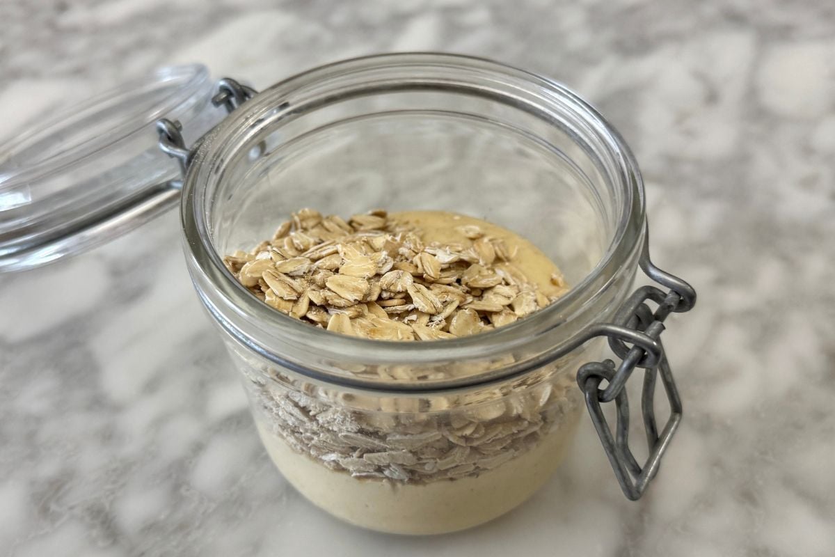 Rolled oats in a jar with peach mixture