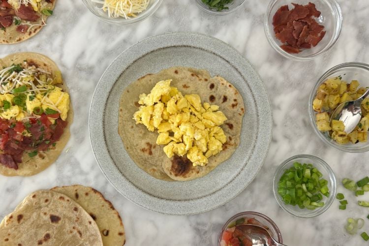 Scrambled eggs on a tortilla