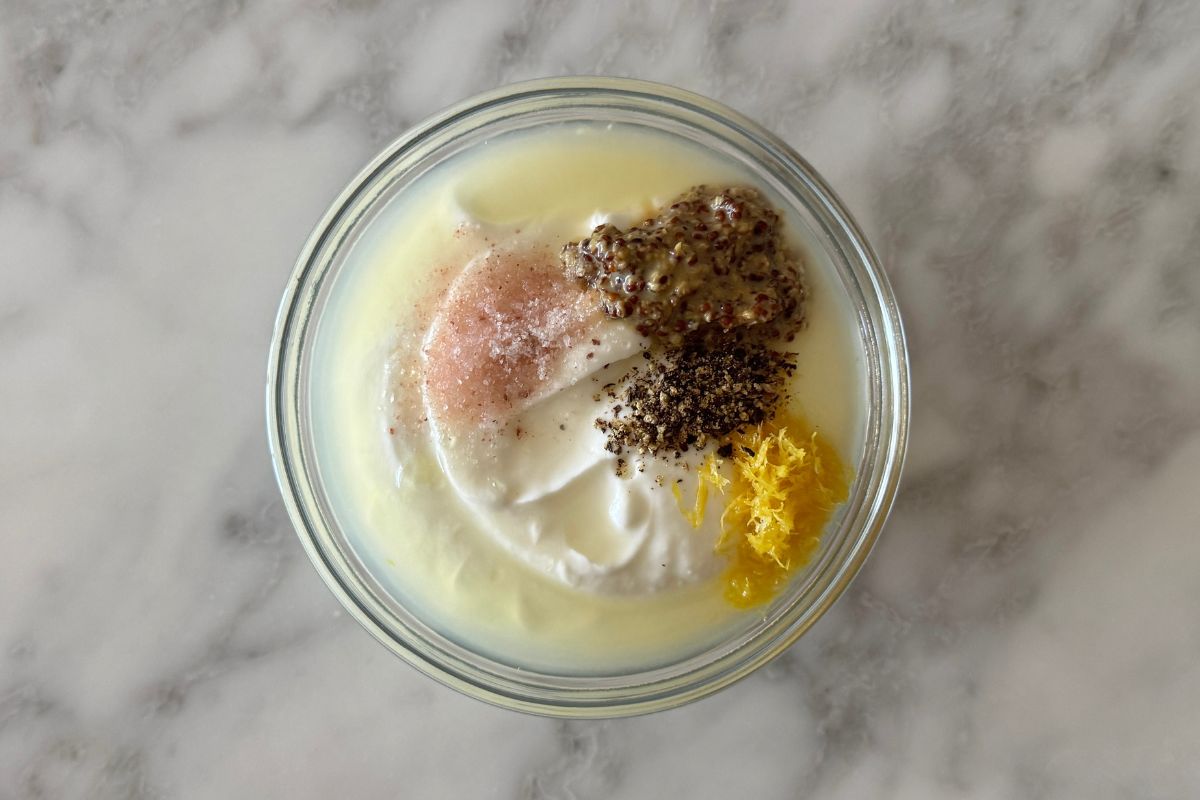 Shrimp salad dressing ingredients in bowl