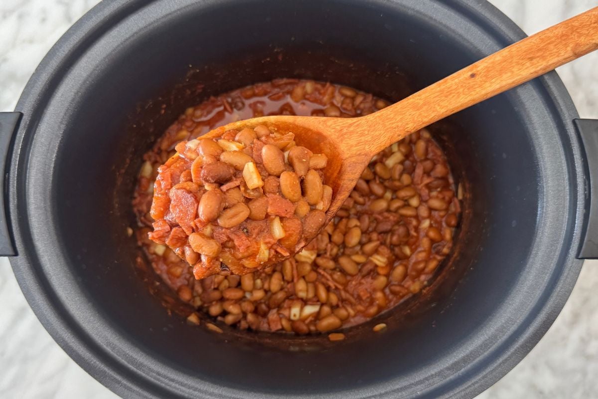 Slow cooker baked beans in a spoon