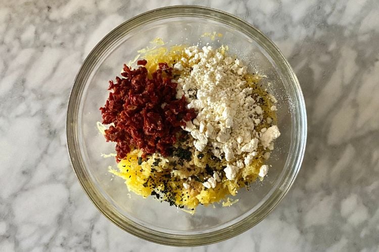 Spaghetti squash with feta in a bowl