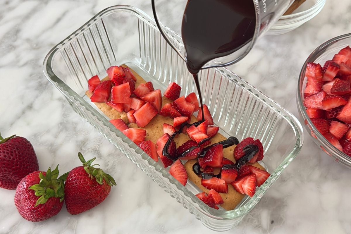 Strawberries and chocolate syrup for icebox cake
