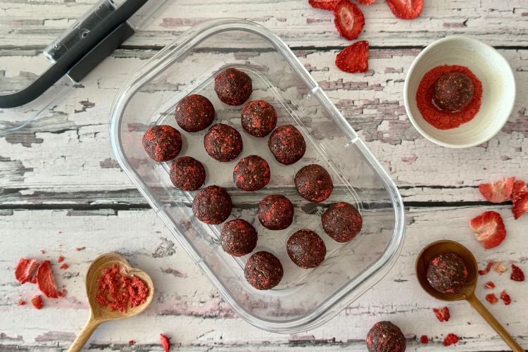 Strawberry energy bites in storage container