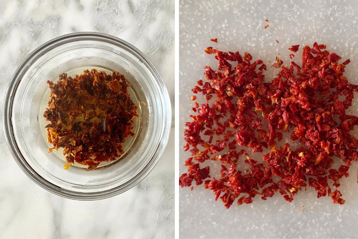 Sun-dried tomatoes soaking and chopped
