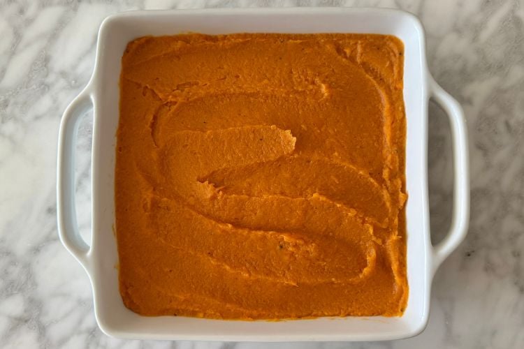 Sweet potato apple casserole filling in baking dish