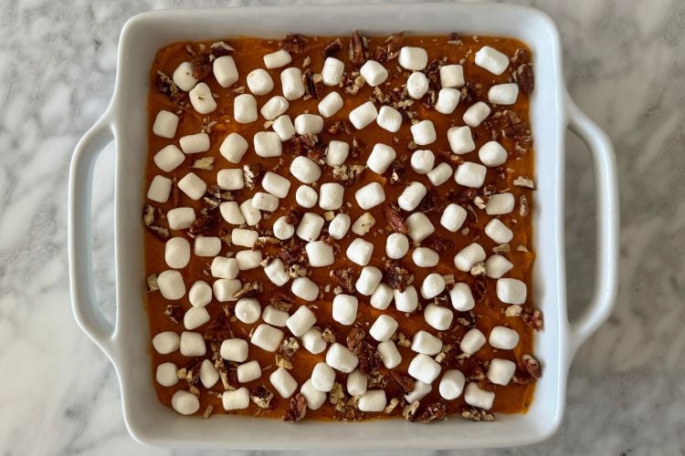 Sweet potato casserole with marshmallows and pecans