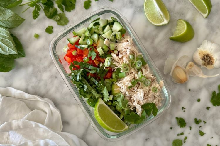 Thai chicken bowl in meal prep container
