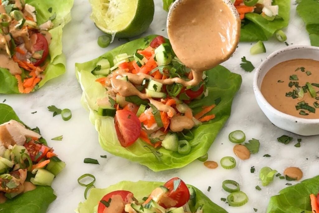 Thai chicken lettuce wraps with peanut sauce