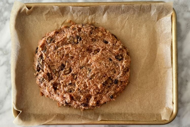 Turkey mushroom meatloaf formed on sheet pan