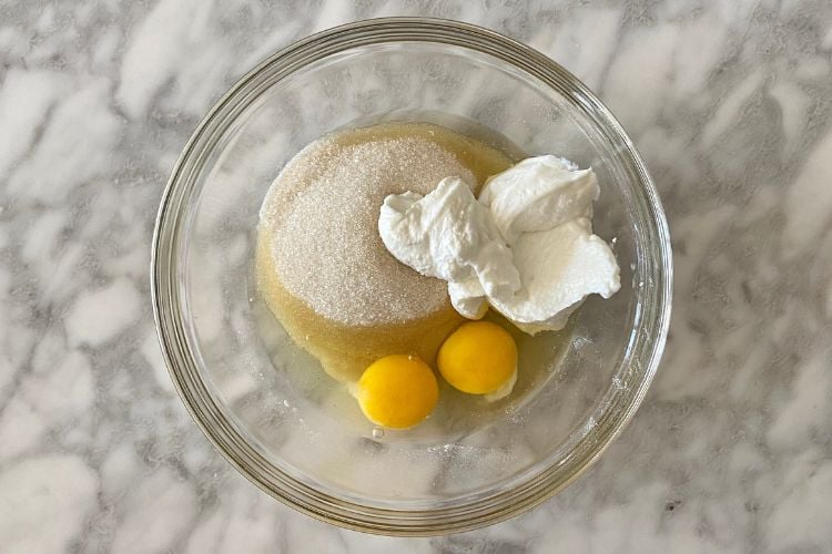 Wet ingredients for chocolate cranberry muffins
