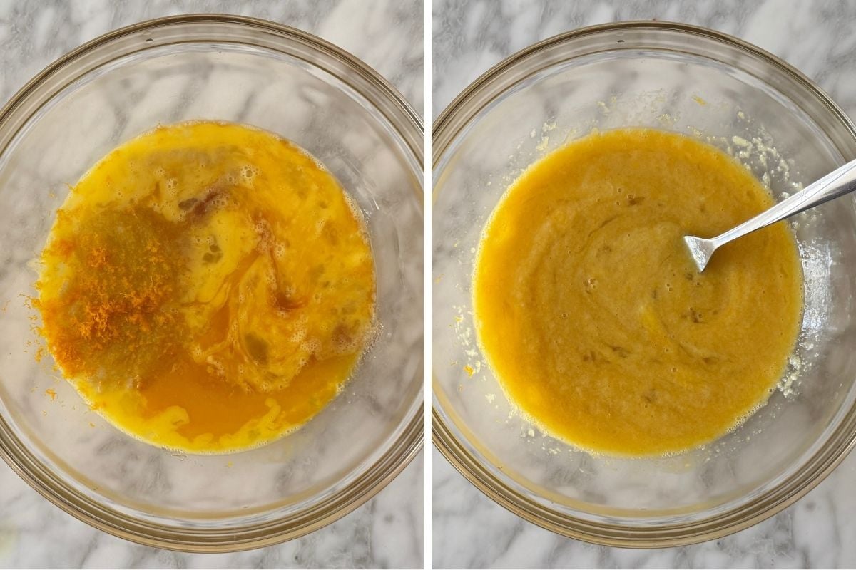 Wet ingredients for cranberry orange muffins in a bowl