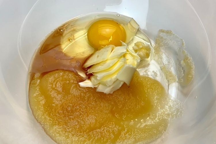 Wet ingredients for double chocolate chip cookies in a bowl