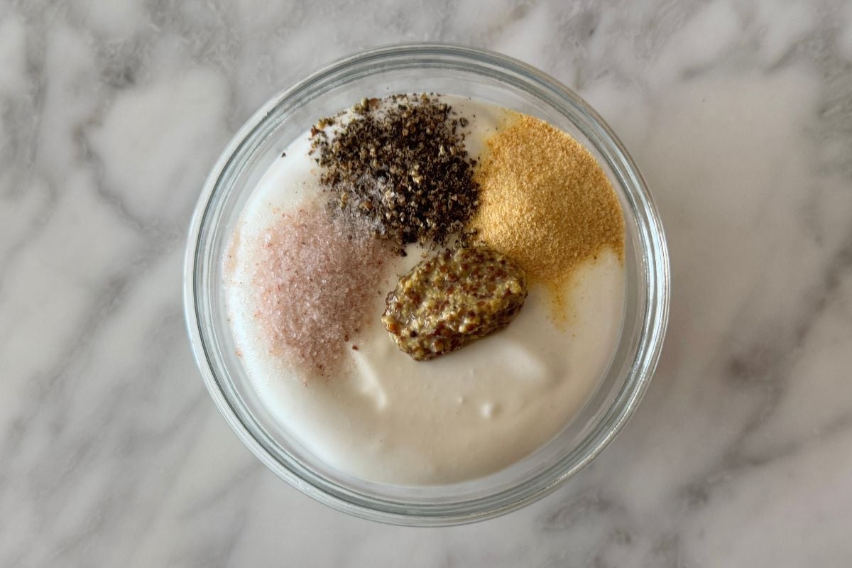 Whipped cottage cheese sauce for chicken salad in bowl