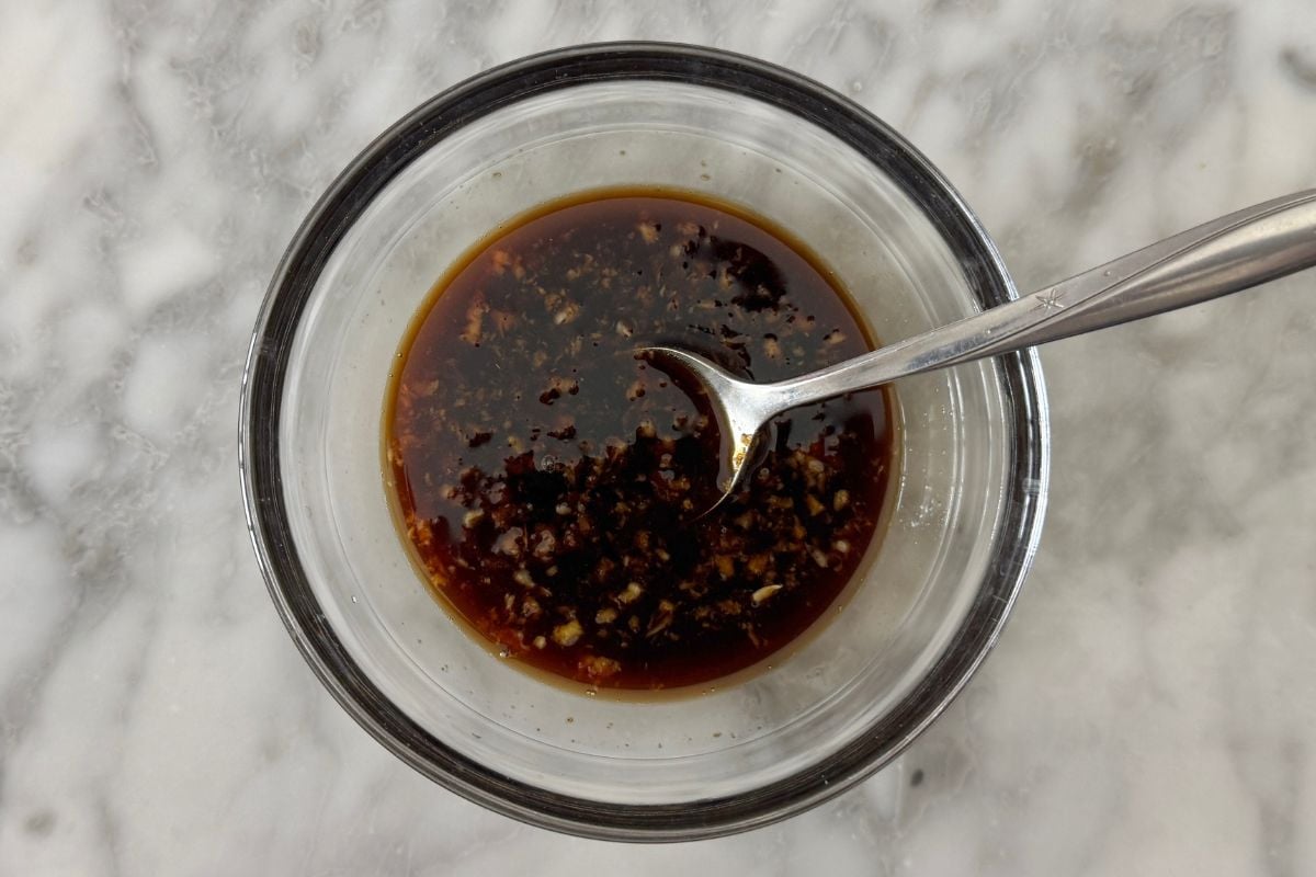 Whisked marinade for salmon in a bowl