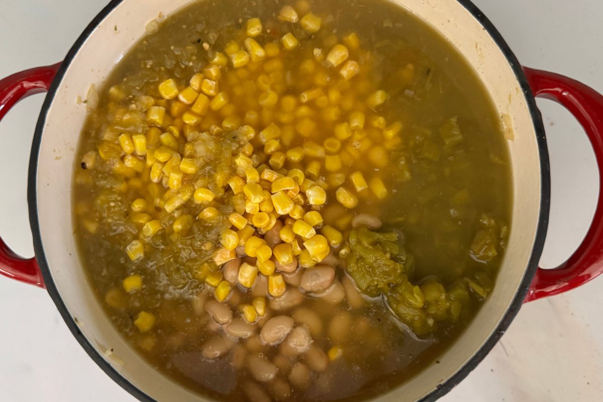 White bean chicken chili in Dutch oven