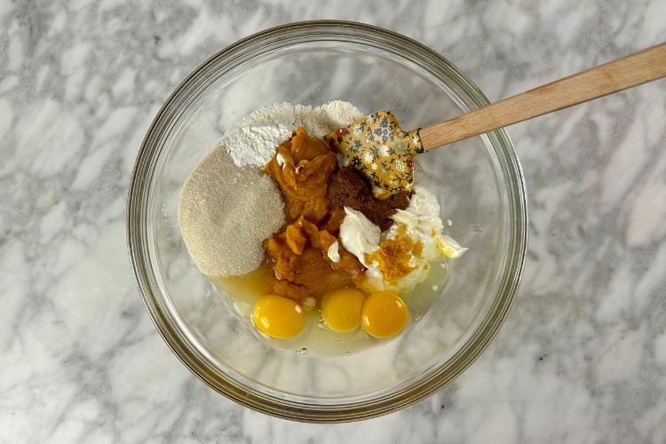 Ingredients in bowl for pumpkin pie
