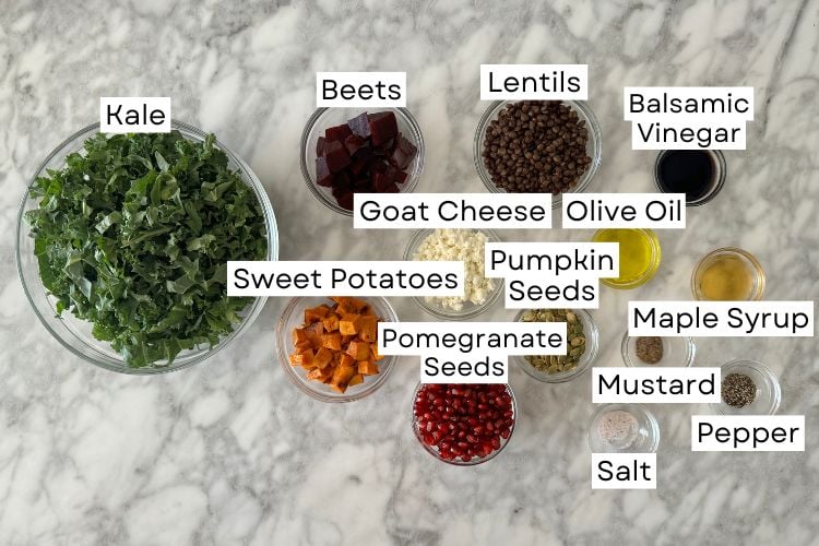 Ingredients needed for kale pomegranate salad