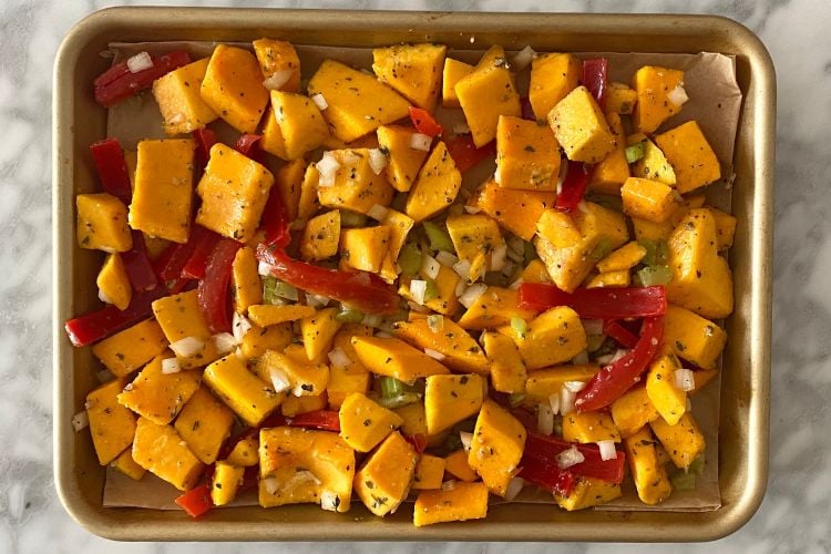 roasted ingredients on a sheet pan