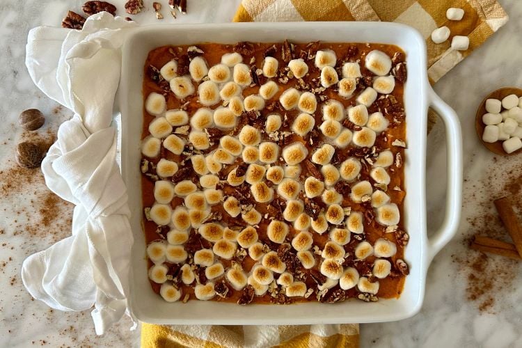 Baked sweet potato casserole in baking dish