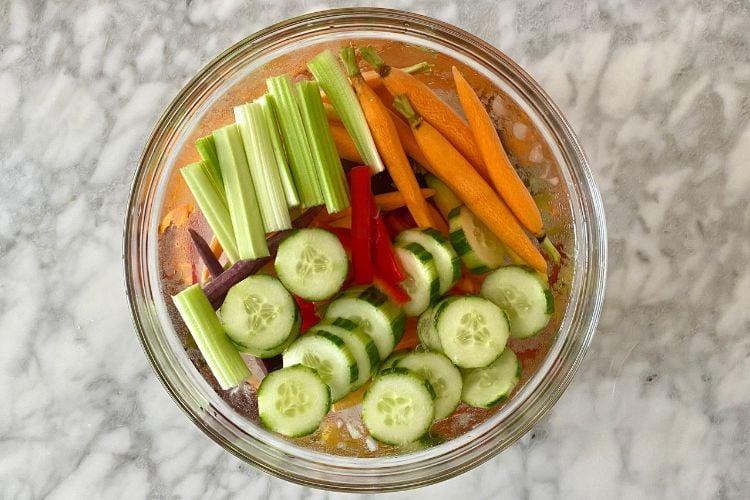 vegetables in ice water