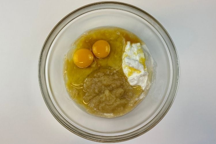 wet ingredients for banana blueberry muffins